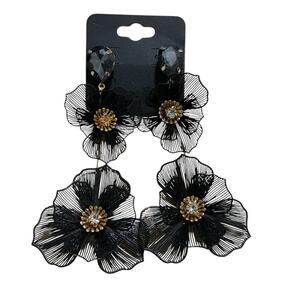 Black Metal Floral Drop Earrings Rhinestone Teardrop Stud Lightweight 4”